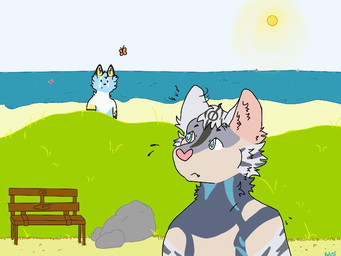 beach bench duo grass love machine male male/male plant sea seaside sun surprised water unknown_artist aiuut azzazel_(kuma) canid canine felid feline mammal robot 4:3