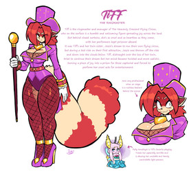 5_fingers antennae_(anatomy) anthro big_breasts blue_clothing blue_dress blue_eyes bodily_fluids breasts chain cleavage clothed clothing dress duo female fingers fishnet_clothing fishnet_legwear fluffy fluffy_tail footwear fur gloves hair handwear hat headgear headwear high_heels holding_object holding_staff legwear leotard multicolored_body multicolored_fur pink_body pink_fur pink_hair profanity purple_clothing purple_footwear purple_high_heels purple_leotard purple_top_hat red_body red_fur red_hair shoes simple_background staff standing sweat tail tan_body tan_fur text top_hat two_tone_body two_tone_fur white_background white_clothing white_gloves white_handwear yellow_eyes jamoart polly_amethyst tiff_(jamoart) ailurid arthropod insect lepidopteran mammal moth red_panda 2023 absurd_res english_text hi_res story