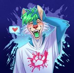 anthro biped blush clothed clothing fangs fully_clothed green_tongue heart_symbol male smile solo teeth tongue rethornal ebb canid canine canis domestic_dog hybrid mammal wolf wolfdog digital_media_(artwork) half-length_portrait hi_res portrait