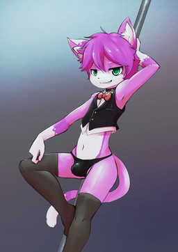 adolescent anthro bangs big_head black_clothing bow_(feature) bow_tie bulge clothed clothing dipstick_ears dipstick_tail dutch_angle ear_markings fur gloves_(marking) gradient_background green_eyes hair hair_between_eyes holding_fixture inner_ear_fluff legwear looking_at_viewer male markings midriff multicolored_ears multicolored_tail navel on_one_leg pink_body pink_fur pole purple_body purple_fur purple_hair short_hair shota simple_background skimpy smile solo standing stockings tail tail_markings topwear tuft vest white_body white_clothing white_fur young nobusuke kigenta domestic_cat felid feline felis mammal hi_res