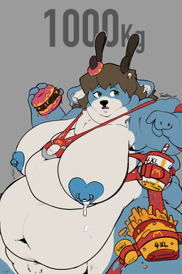 anthro antlers belly big_belly blue_body blue_nipples bodily_fluids breasts brown_hair burger dessert doughnut doughnut_burger ear_piercing ear_ring female female_anthro food fries fupa green_eyes hair harness heart_nipples horn junk_food lactating metric_unit morbidly_obese morbidly_obese_anthro morbidly_obese_female nipple_piercing nipples obese obese_anthro obese_female overweight overweight_anthro overweight_female pastry piercing pink_frosted_sprinkled_doughnut ring_piercing solo sprinkles stated_weight tea_bag thaasteo mcdonald's endiu cervine deer mammal 2024 absurd_res hi_res signature