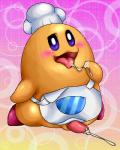 apron apron_only balls blush bodily_fluids clothed clothing cum cum_on_ground erection genital_fluids genitals gradient_background hat headgear headwear male mostly_nude not_furry open_mouth penis pink_background simple_background solo tapering_penis tongue tongue_out yellow_background box_xod kirby_(series) nintendo chef_kawasaki humanoid 2013 4:5 digital_media_(artwork) low_res oekaki