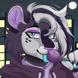 anthro candy city city_background city_skyline clothing dessert eyelashes femboy food freckled_face freckles hoodie licking lollipop long_eyelashes makeup male night pawpads paws solo tongue tongue_out topwear airymiller lemmy_the_skunk mammal mephitid skunk 1:1 bust_portrait hi_res portrait