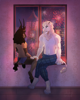 alternate_species anthro black_eyebrows black_hooves black_horn black_nose blue_bottomwear blue_clothing blue_eyes blue_pajama_pants blue_pajamas blue_panties blue_pants blue_underwear bottomwear breasts brown_body brown_fur brown_hair building clothed clothing curly_hair detailed_background duo eye_contact eyebrows female fireworks fur furrification grey_eyebrows hair hand_on_another's_leg holidays hooves horn inside long_hair looking_at_another male male/female mane navel night nipples pajama_pants pajamas panties pants pants_only pantsless shirt sitting_on_window_sill snout tail tail_tuft topless topwear tuft underwear whisker_spots white_body white_fur white_mane window window_sill yellow_clothing yellow_shirt yellow_topwear chorny_vasiliok new_year the_hunger_games coriolanus_snow lucy_gray_baird antelope bovid felid gazelle lion mammal pantherine 2026 4:5 digital_drawing_(artwork) digital_media_(artwork) hi_res shaded