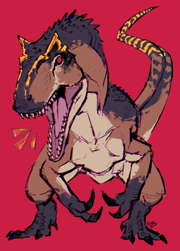 ambiguous_gender black_claws black_markings brown_body claws feral front_view gaping_mouth long_tail looking_at_viewer markings multicolored_body open_mouth red_background red_eyes sharp_teeth simple_background solo tail tan_markings teeth tongue yellow_markings monica_bares the_isle allosaurid allosauroid allosaurus dinosaur prehistoric_species reptile saurischian scalie theropod digital_drawing_(artwork) digital_media_(artwork) guide_lines hi_res signature