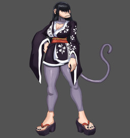 5_fingers 5_toes alternative_fashion anthro asian_clothing bangs bared_teeth big_breasts black_hair black_nails breasts clothed clothing colored_nails east_asian_clothing feet female fingers footwear fur geta goth grey_background grey_body grey_fur hair hand_on_hip japanese_clothing kimono long_hair nails pointy_breasts purple_eyes simple_background solo standing tail teeth toes palesnake beth_(redustheriotact) haplorhine mammal monkey primate 2025 absurd_res hi_res