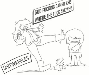 banana_peel dialogue duo female male shitpost slipping text commander_d deltarune kris_where_are_we sega undertale_(series) kris_dreemurr susie_(deltarune) english_text hi_res meme