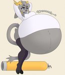 air_inflation air_tank anthro antlers belly belly_expansion big_belly black_clothing black_eyebrows black_legwear black_nose blue_eyes breasts clothing creaking expansion eyebrows eyelashes female grey_body grey_ears grey_hair grey_tail hair hand_behind_head horn huge_belly hyper hyper_belly hyper_inflation inflation legwear onomatopoeia puffed_cheeks shirt simple_background solo sound_effects tail tan_background text tight_clothing topwear white_clothing white_shirt white_topwear just-a-cake pseudoregalia sybil_(pseudoregalia) bovid caprine goat mammal 2024 colored digital_media_(artwork) hi_res shaded