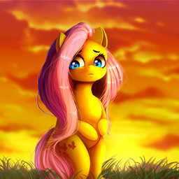 blue_eyes cloud cutie_mark eyebrows eyelashes feathered_wings feathers female feral freckles grass hair hooves long_hair looking_away outside pink_hair plant sky solo standing sunset wings yellow_body yellow_feathers miokomata friendship_is_magic hasbro my_little_pony mythology fluttershy_(mlp) equid equine mammal mythological_creature mythological_equine pegasus 1:1 2018 absurd_res hi_res portrait