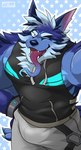 anthro blue_body blue_eyes blue_fur bulge fur male muscular muscular_anthro muscular_male smile solo tongue tongue_out seandemon lifewonders tokyo_afterschool_summoners tindalos_(tas) canid canine canis mammal wolf 2021 hi_res