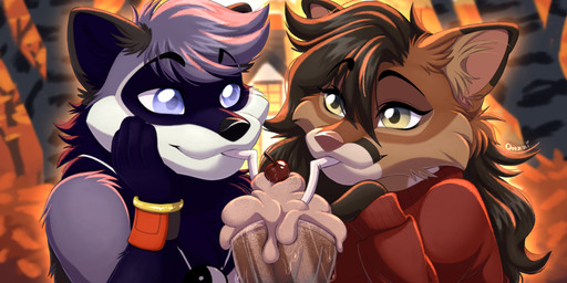 anthro beverage blue_eyes bracelet brown_body brown_eyes brown_fur brown_hair clothing date duo female fur hair inner_ear_fluff jacket jewelry looking_into_eyes love male male/female purple_body purple_fur red_clothing red_jacket red_topwear topwear tuft omzzimeow canid canine fox mammal procyonid raccoon 2:1