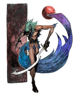anthro beak claws feathers flaccid genitals holding_object holding_weapon male markings nipples nude penis phenex_(asurii) simple_background slim solo tail text weapon white_background scuotivento avian bird digital_media_(artwork) hi_res