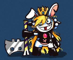 anthro axe black_boots black_clothing black_footwear black_handwear black_high_heels black_mittens black_shirt black_topwear blonde_hair blue_background blue_eyes boots clothed clothed_anthro clothed_female clothing crazy_eyes crown female female_anthro footwear fur hair handwear headgear high_heels holding_axe holding_object light long_ears long_hair looking_at_viewer messy_hair missing_tooth mittens multicolored_body noseless notched_ear pantsless_anthro pantsless_female shirt shoes simple_background smile smiling_at_viewer socks solo standing tan_body tan_inner_ear tan_skin teeth tooth_gap toothy_smile topwear two_tone_body white_body white_fur altermentality mario_bros mario_plus_rabbids_kingdom_battle nintendo raving_rabbids rayman_(series) ubisoft fan_character rabbid_wapeach lagomorph mammal rabbid 2023 colored crossover digital_drawing_(artwork) digital_media_(artwork) english_description full-length_portrait lighting portrait shaded