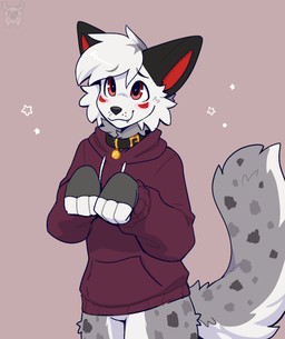 anthro black_collar black_eyebrows black_nose blush bottomless cheek_tuft clothed clothing collar collar_tag eyebrows facial_tuft fur grey_body grey_fur grey_markings hair hoodie hoodie_only looking_up male markings red_eyes short_hair simple_background smile solo spots spotted_markings topwear topwear_only tuft white_body white_fur white_hair fleurfurr canid canine mammal cel_shading colored digital_drawing_(artwork) digital_media_(artwork) hi_res shaded