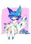 3_fingers anthro beak blue_body blue_fur blue_hair chest_tuft feathers female fingers fur hair inner_ear_fluff pink_background pink_eyes simple_background sitting solo tuft white_body white_fur unknown_artist perico avian bird absurd_res hi_res