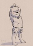 3_toes anthro bulge clothed clothing erection erection_under_clothing eyes_closed feet heart_pattern male morning_wood pecs shirt solo tank_top toes topwear underwear waking_up adriano_berjillos unicorn_wars sargento_caricias teddy_bear_(species)