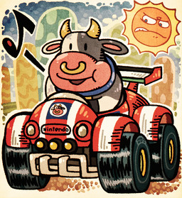 ambiguous_gender black_ears blue_eyes car dot_eyes driving duo facial_piercing feral hooves horn looking_at_another musical_note musical_symbol nose_piercing nose_ring piercing ring_piercing simple_eyes spoiler_(car) sun symbol tire vehicle white_ears yellow_horn bridgeoffaust mario_bros mario_kart mario_kart_world nintendo angry_sun moo_moo_meadows_cow bovid bovine cattle dairy_cattle holstein_friesian_cattle mammal hi_res