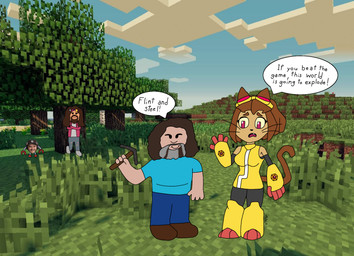 4_fingers anthro beard blue_bottomwear blue_clothing blue_pants blue_shirt blue_topwear boots bottomwear brown_hair clothing denim denim_bottomwear denim_clothing dialogue eyewear eyewear_on_head facial_hair female fingers footwear glasses glasses_on_head gloves grey_beard grey_facial_hair hair handwear hat headgear headwear holding_object holding_pickaxe jacket jeans machine male pants pickaxe pink_clothing pink_jacket pink_topwear shirt shoes speech_bubble sunglasses sunglasses_on_head text topwear torn_bottomwear torn_clothing torn_jeans torn_pants wearing_sunglasses yellow_boots yellow_clothing yellow_footwear noctali_kroma a_minecraft_movie gameoverse glitch_productions microsoft minecraft mojang xbox_game_studios garrett_garrison jack_black jschlatt kaboodle_(gameoverse) kit_bodega steve_(a_minecraft_movie) steve_(minecraft) domestic_cat felid feline felis human mammal robot 2026 crossover digital_drawing_(artwork) digital_media_(artwork) english_text hi_res