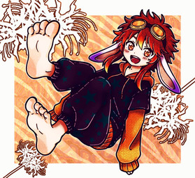 4_toes black_clothing clothed clothing detailed_background eyewear feet goggles hair hoodie male orange_eyes orange_hair pale_skin paws purple_ears rabbit_ears smile solo sparkles sparkling_eyes star_clothing toes topwear kaniho_90 kani_(kaniho_90) human humanoid lagomorph leporid mammal rabbit
