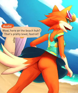 anthro beach butt clothed clothing dialogue dress eyewear female food_print header header_box looking_at_viewer looking_back no_underwear seaside solo sunglasses surfboard talking_to_viewer text text_header upskirt vehicle watercraft wind anearbyanimal animal_crossing nintendo audie_(animal_crossing) canid canine canis fox mammal wolf english_text hi_res
