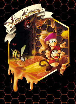 barefoot blonde_hair brown_body brown_fur clothing feet female fur glowing glowing_eyes hair hat headgear headwear long_hair male ponytail red_eyes soles text toes wings 祝い屋 donkey_kong_(series) nintendo diddy_kong dixie_kong arthropod bee haplorhine hymenopteran insect mammal monkey primate absurd_res english_text hi_res signature
