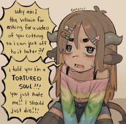 accessory ambiguous_gender bodily_fluids clothed clothing crying dialogue eye_bags fully_clothed hair hair_accessory hairpin horn long_hair midriff solo suicidal_ideation tears text young gorarati taa-chan animal_humanoid bovid bovid_humanoid humanoid mammal mammal_humanoid english_text hi_res male_(lore) nonbinary_(lore)