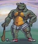 ball barazoku biceps bottomwear bulge clothed clothing detailed_bulge footwear male navel nipples pecs shoes shorts smile solo tenting topless birdy crocodilian reptile scalie absurd_res hi_res