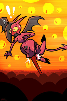 assisted_exposure blush bottomwear breasts cleavage clothed clothing fangs female genitals horn navel not_furry pants pubes solo surprised tail tattoo teeth topwear torn_bottomwear torn_clothing tube_top vulva wings theenfman sylva_(theenfman) demon humanoid imp 2:3 hi_res