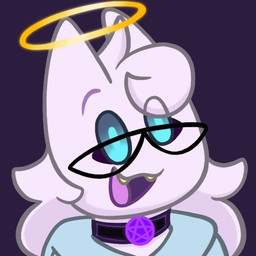ambiguous_gender biped blue_eyes blue_pupils choker clothed clothing eyelashes eyewear fangs fur glasses glowing glowing_halo hair halo hoodie horn jewelry long_hair necklace not_furry occult_symbol open_mouth pentacle pupils purple_body purple_tongue simple_background smile solo symbol teeth tongue topwear yellow_teeth demon_ascended dez_trully_(demon_ascended) angel_demon demgel demon humanoid hybrid 1:1 2025 bust_portrait colored digital_drawing_(artwork) digital_media_(artwork) icon low_res portrait shaded nonbinary_(lore)