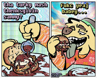 2_panel_comic aloha_shirt anthro clothing floppy_ears food fur half-closed_eyes hat headgear headwear holidays male narrowed_eyes open_mouth open_smile pattern_clothing pattern_shirt pattern_topwear sandwich_(food) shirt smile solo text tongue tongue_out topwear yellow_body yellow_fur rawdawgcomics thanksgiving stahli_(rawdawgcomics) bird_dog canid canine canis domestic_dog golden_retriever hunting_dog mammal retriever 5:4 comic english_text