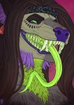 anthro brown_hair cheek_tuft ear_piercing eyelashes facial_tuft fangs female gauged_ear green_eyes green_teeth green_tongue hair horizontal_pupils logo looking_at_viewer no_sclera piercing pupils purple_nose red_background sharp_teeth simple_background solo teeth tongue tongue_out tuft vikrjelen riorix 2021 artist_logo bust_portrait dated hi_res portrait