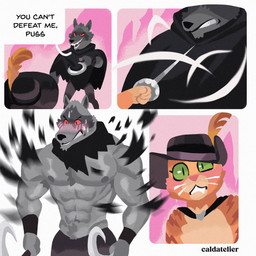 abs anthro arm_wrapping arm_wraps armpit_tuft assisted_exposure barazoku biceps blush bodily_fluids bottomwear cape challenge cloak clothing confident dialogue drooling dual_wielding duo eyebrows eyeliner facial_markings fire fire_background fur green_eyes grey_body grey_fur hat head_markings headgear headwear holding_object holding_weapon makeup male male/male markings mask_(marking) melee_weapon motion_lines muscular muscular_anthro muscular_male navel nervous nervous_sweat nipples open_mouth open_smile orange_body orange_fur pants pecs pointing_weapon poncho pupils rapier red_eyes saliva shocked sickle slit_pupils smile speech_bubble standing surprised sweat sweatdrop sword teeth text topwear torn_clothing torn_topwear unexpected weapon whiskers wide_eyed wrapped_arms wraps caldatelier dreamworks puss_in_boots_(franchise) death_(puss_in_boots) puss_in_boots_(dreamworks) canid canine canis domestic_cat felid feline felis mammal tabby_cat wolf 1:1 comic english_text hi_res signature