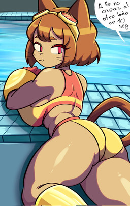 :3 anthro big_breasts big_butt bra breasts brown_eyebrows brown_hair brown_tail butt closed_smile clothing eyebrows eyewear eyewear_on_head female female_anthro goggles goggles_on_head hair huge_breasts looking_at_viewer looking_back looking_back_at_viewer lying medium_hair mouth_closed on_front red_eyes smile solo speech_bubble sports_bra swimming_pool tail tan_body text thick_thighs underwear whiskers wide_hips 8manartx gameoverse glitch_productions kit_bodega domestic_cat felid feline felis mammal 2026 hi_res spanish_text translated