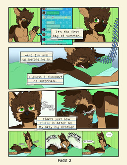 adolescent anthro athletic athletic_male border cellphone clothed clothing dialogue dipstick_snout duo electronics green_eyes kissing male male_anthro muscular muscular_young narration page_number pecs phone sleeping text topless topless_anthro topless_male underwear underwear_only waking_up white_border young young_male frostedchase chase_(frostedchase) max_(frostedchase) canid canine canis domestic_dog german_shepherd herding_dog mammal pastoral_dog comic english_text hi_res brother_(lore) brothers_(lore) sibling_(lore)