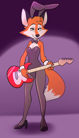 anthro biped breasts bunny_costume clothing costume electric_guitar female footwear fur guitar high_heels leotard musical_instrument playing_guitar playing_music plucked_string_instrument shoes small_breasts smile solo standing string_instrument lonbluewolf rock_dog darma_(rock_dog) canid canine fox mammal 2016