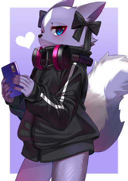 5_fingers alternative_fashion anthro black_nose blue_eyes blush bow_accessory cellphone claws clothed clothing electronics eyelashes female female_anthro finger_claws fingers fluffy fluffy_tail fur headphones heart_symbol holding_cellphone holding_object holding_phone holding_smartphone j-fashion jacket jirai_kei kemono looking_at_viewer multicolored_body multicolored_fur pantsless_anthro pantsless_female phone purple_body purple_fur smartphone solo tail topwear two_tone_body two_tone_fur two_tone_tail white_body white_fur kamenosachi aggretsuko sanrio shikabane_(aggretsuko) mammal mephitid skunk 2023 absurd_res digital_media_(artwork) hi_res