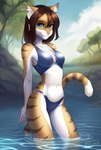 anthro bikini blue_eyes brown_hair clothing female forest hair plant river slim solo swimwear tree two-piece_swimsuit water milch_und_gold felid feline mammal absurd_res hi_res