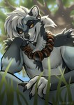 5_fingers day detailed_background ear_piercing ear_ring fingers fur grass grey_body grey_fur hair orange_eyes outside piercing plant ring_piercing sky smile white_hair kero_tzuki 2021 digital_media_(artwork) hi_res