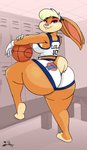 anthro ball basketball basketball_(ball) basketball_shorts basketball_uniform big_breasts big_butt blonde_hair bottomwear breasts bubble_butt butt clothing female fur furgonomics grey_eyes hair hotpants huge_butt locker_room looking_back orange_body orange_fur raised_leg rear_view shirt shorts solo sportswear step_pose tank_top thick_thighs topwear uniform thehoneybutter looney_tunes warner_brothers lola_bunny lagomorph leporid mammal rabbit absurd_res hi_res