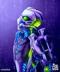 ambiguous_gender armor blue_markings green_eyes green_glow green_markings headgear looking_up machine markings mask not_furry open_mouth outside purple_background raining simple_background solo text tube white_body lezanikat bionicle lego matoro humanoid robot toa 2020 5:6 digital_drawing_(artwork) digital_media_(artwork) english_text hi_res signature