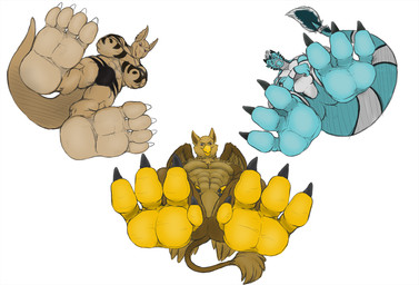 3_toes 4_toes abs anthro arm_tattoo beak biceps biped blue_body brown_body brown_fur bulge claws feathered_wings feathers feet fingers foot_fetish foot_focus fur group looking_at_viewer low-angle_view male male_anthro muscular muscular_anthro muscular_male nude pawpads paws pecs simple_background smile tail tattoo toe_claws toes trio wings teaselbone mythology carpo schism tephros avian dragon gryphon mythological_avian mythological_creature mythological_scalie scalie 2017 digital_drawing_(artwork) digital_media_(artwork) hi_res