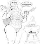 anthro apron belly big_breasts big_butt breasts butt camel_toe canine_ears clothing cooking female food holding_food holding_object howl motion_lines panties solo suggestive tail thick_thighs underwear vadaver juno_(charliecorvinus) canid canine canis domestic_dog humanoid livestock_guardian_dog mammal molosser mountain_dog pastoral_dog tibetan_mountain_dog hi_res monochrome