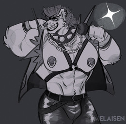 alternative_fashion anthro barazoku belt big_nipples bracelet bulge chain_necklace clothed clothed_anthro clothed_male clothing collar ear_piercing electronics facial_piercing grey_background grin hair harness holding_microphone holding_object jacket jewelry male male_anthro microphone mohawk muscular muscular_anthro muscular_male necklace nipple_piercing nipples nose_piercing nose_ring piercing punk ring_piercing sharp_teeth simple_background smile solo sparkles spiked_collar spikes teeth topwear melaisen r!ot_(melaisen) hyena mammal 2023 absurd_res digital_drawing_(artwork) digital_media_(artwork) english_description hi_res monochrome portrait three-quarter_portrait