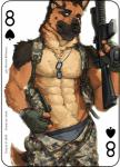 2018 4_fingers abs anthro bad_trigger_discipline black_body black_fur black_nose bottomwear brown_body brown_fur burk_(benzo) camo camo_print canid canine canis card card_template clock clothed clothing copyright_symbol countershading dog_tags domestic_dog eight_of_spades fingerless_gloves fingers fonyaa fur german_shepherd gloves green_eyes grey_clothing grey_underwear gun handwear herding_dog looking_at_viewer male mammal military muscular muscular_anthro muscular_male navel pants partially_clothed pastoral_dog pawpads playing_card playing_card_template pouches pubes ranged_weapon rifle simple_background solo spades_(suit) standing suit_symbol symbol tan_body tan_fur topless underwear uniform watch weapon white_background wristwatch