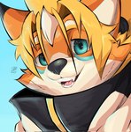 anthro bangs clothing coat fangs glistening glistening_eyes hair long_hair male smile solo teeth topwear iaian_luxo_fox luxo_(iaian_luxo_fox) canid canine fox mammal hi_res shaded