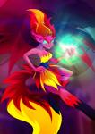 claws clothing cloud dress fangs female glowing glowing_eyes green_eyes magic sharp_teeth solo teeth rariedash equestria_girls hasbro my_little_pony demon_shimmer_(eg) sunset_shimmer_(eg) demon 2015 hi_res portrait three-quarter_portrait