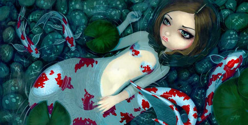 ambiguous_gender bra_(anatomy) brown_hair eyebrows eyelashes female feral fin fingers fish_tail group hair legless lily_pad lips long_hair makeup mermaid_tail navel nude partially_submerged pink_lips plant pupils scaled_breasts scales split_form tail tail_fin water jasmine_becket-griffith amur_carp carp cyprinid cypriniform fish humanoid humanoid_merfolk koi koi_merfolk mammal marine merfolk typical_carp formal_art painting_(artwork) traditional_media_(artwork) traditional_painting_(artwork)