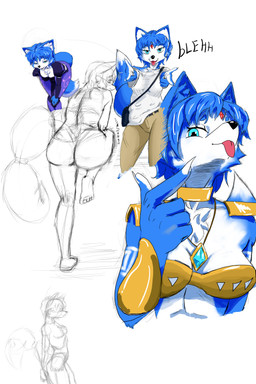 anthro clothing female fur gesture hand_gesture jewelry multicolored_body multicolored_fur multiple_poses nude pointing pose purse_over_shoulder shirt simple_background solo tongue tongue_out topwear white_background son_mango nintendo star_fox krystal_(star_fox) canid canine mammal 2:3 absurd_res hi_res sketch