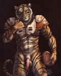 2011 american_football animal_genitalia animal_penis anthro ball balls blotch bottomless chevali_firebirds clothed clothing detailed devlin_miski felid feline_genitalia feline_penis football_player genitals gridiron_ball half-erect holding_ball holding_object kyell_gold looking_at_viewer male mammal out_of_position pantherine penile_spines penis rugby_ball rugby_uniform sheath solo sport sports_pads stripes tail tiger uniform white_balls