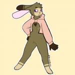 1:1 ambiguous_gender anthro berry_(berrybutts) berrybutts blush bottomless brown_body brown_fur brown_hair clothed clothing dipstick_ears ear_markings embarrassed featureless_crotch fur hair hoodie lagomorph leporid looking_aside mammal mastectomy_scar meme meme_clothing multicolored_ears nipples partially_clothed pink_clothing pink_hoodie pink_topwear purple_eyes rabbit scar short_hair simple_background solo standing sweater topwear twitter_hoodie visibly_trans yellow_background